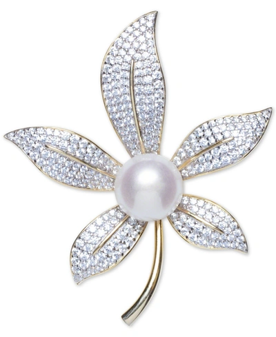 MACY'S CULTURED FRESHWATER PEARL (10MM) & CUBIC ZIRCONIA LILY PIN IN STERLING SILVER & 18K GOLD-PLATE