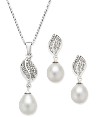 MACY'S CULTURED FRESHWATER PEARL (7X9MM) AND CUBIC ZIRCONIA PENDANT NECKLACE AND MATCHING DROP EARRINGS SET