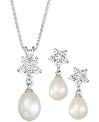 MACY'S CULTURED FRESHWATER PEARL (7 X 9MM) & CUBIC ZIRCONIA PENDANT NECKLACE & DROP EARRINGS SET IN STERLIN