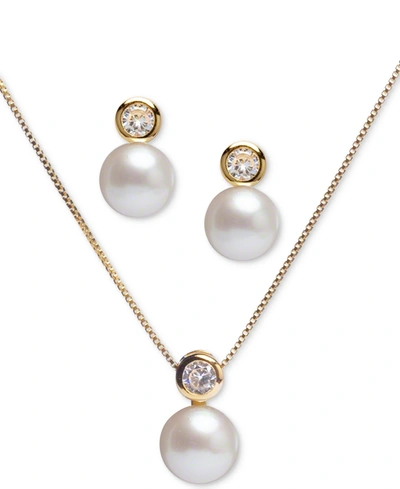MACY'S 2-PC. SET CULTURED FRESHWATER PEARL (8MM) & CUBIC ZIRCONIA 18" PENDANT NECKLACE AND STUD EARRINGS SE