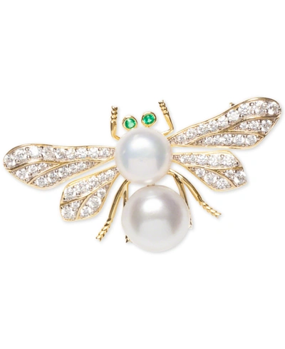 MACY'S CULTURED FRESHWATER PEARL (8 & 9MM) & CUBIC ZIRCONIA BEE PIN IN STERLING SILVER & 18K GOLD-PLATE OVE