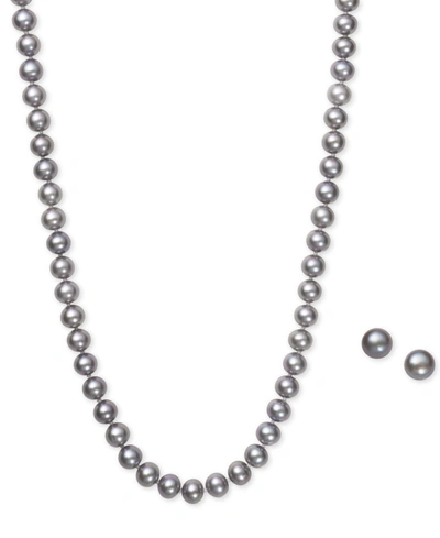MACY'S GRAY CULTURED FRESHWATER PEARL (6MM) NECKLACE AND MATCHING STUD (7-1/2MM) EARRINGS SET IN STERLING S