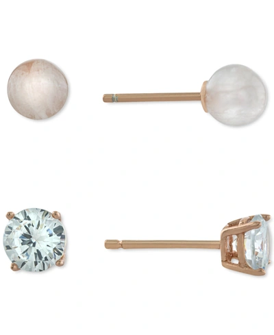 GIANI BERNINI 2-PC. CUBIC ZIRCONIA & ROSE QUARTZ STUD EARRINGS IN ROSE GOLD-PLATED STERLING SILVER, CREATED FOR MA