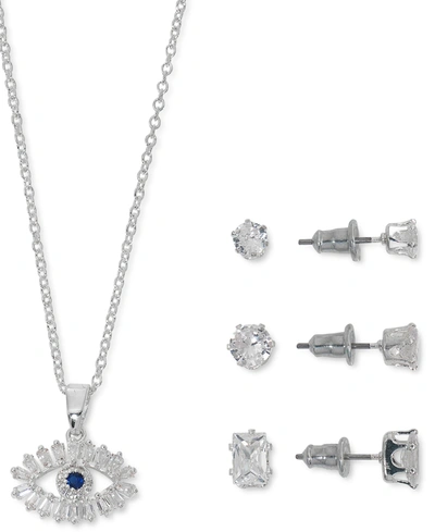 MACY'S CUBIC ZIRCONIA EVIL EYE PENDANT NECKLACE & 3-PC. STUD EARRINGS SET IN SILVER PLATE