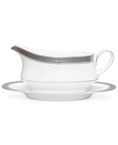 NORITAKE DINNERWARE, CRESTWOOD PLATINUM GRAVY BOAT WITH STAND