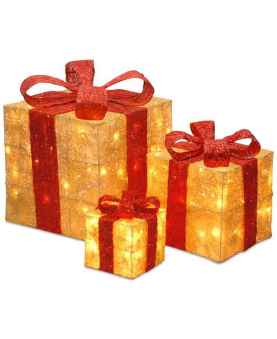 NATIONAL TREE COMPANY 6", 10" & 14" ASSORTED GOLD SISAL GIFT BOXES WWITH CLEAR LIGHTS