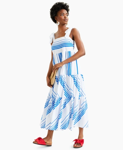 CHARTER CLUB PETITE STRIPED TIE-SHOULDER TIERED MIDI DRESS, CREATED FOR MACY'S