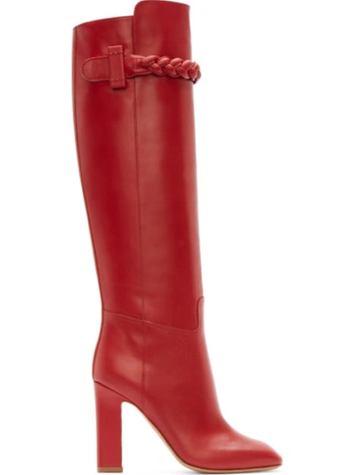 VALENTINO GARAVANI Red Leather Braided Appliqué Tall Runway Boots