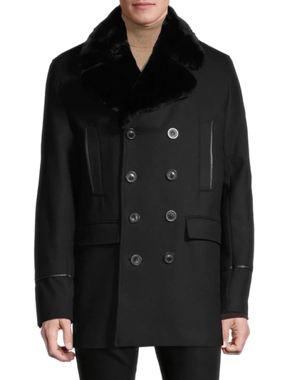 KARL LAGERFELD MEN'S FAUX FUR-COLLAR & WOOL-BLEND PEACOAT