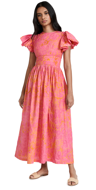 SIKA FLUTTER SLEEVE MIDI DRESS PINK/ORANGE
