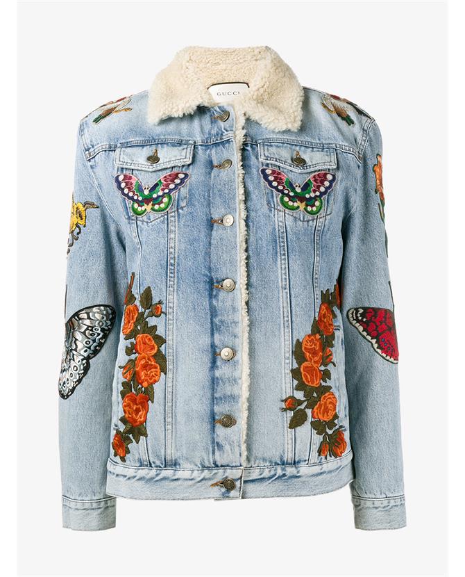 embroidered denim jacket with shearling