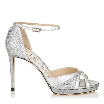 JIMMY CHOO TALIA 100 Silver Glitter Fabric and Metallic Nappa Sandals