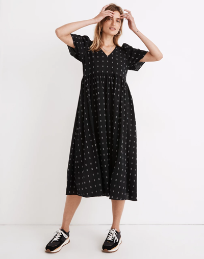 MADEWELL DOBBY PUFF-SLEEVE V-NECK MIDI DRESS