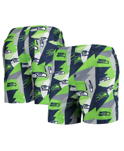 FOCO MEN'S FOCO COLLEGE NAVY AND NEON GREEN SEATTLE SEAHAWKS GEO PRINT SWIM TRUNKS