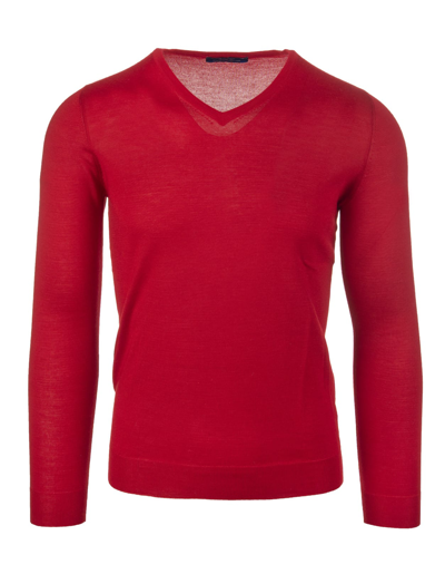 FEDELI FEDELI MAN V-NECK PULLOVER IN RED SILK AND CASHMERE