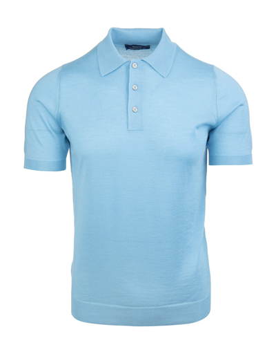 FEDELI FEDELI SHORT SLEEVE POLO SHIRT IN LIGHT BLUE SILK AND CASHMERE