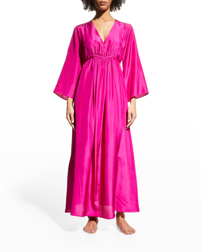 OCEAN + MAIN GATHERED V-NECK SILK CAFTAN DRESS