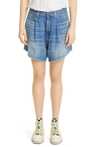 R13 DAMON PLEATED HIGH WAIST DENIM SHORTS