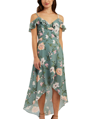 BCX JUNIORS' PRINTED OFF-THE-SHOULDER HIGH LOW MAXI DRESS