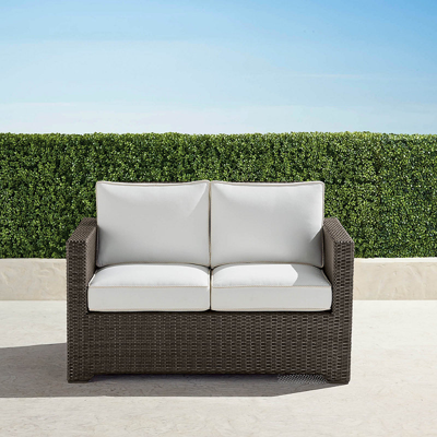 FRONTGATE SMALL PALERMO LOVESEAT WITH CUSHIONS IN BRONZE WICKER