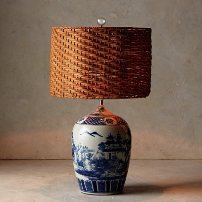 FRONTGATE BLUE AND WHITE MING TABLE LAMP WITH WICKER SHADE