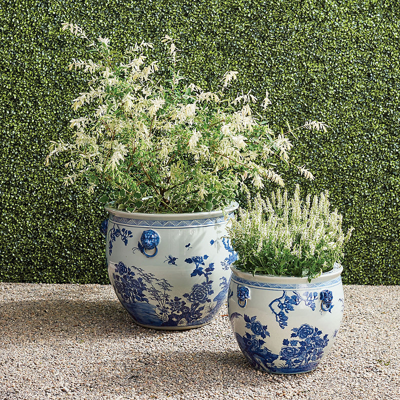 FRONTGATE SET OF 2 BLUE MING HANDPAINTED CERAMIC PLANTERS