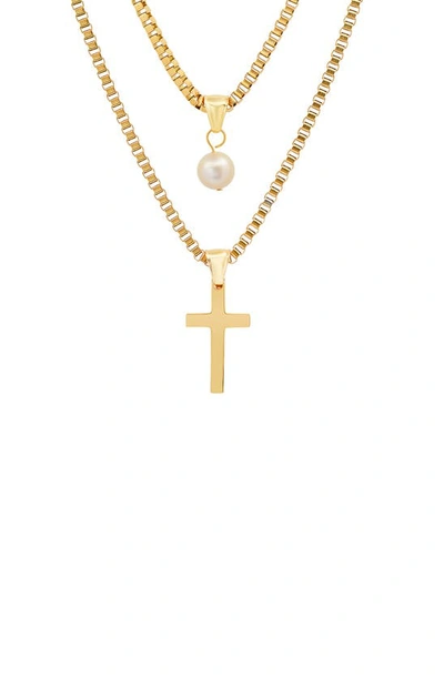 HMY JEWELRY HMY JEWELRY 18K GOLD PLATED STAINLESS STEEL IMITATION PEARL & CROSS PENDANT LAYERED NECKLACE