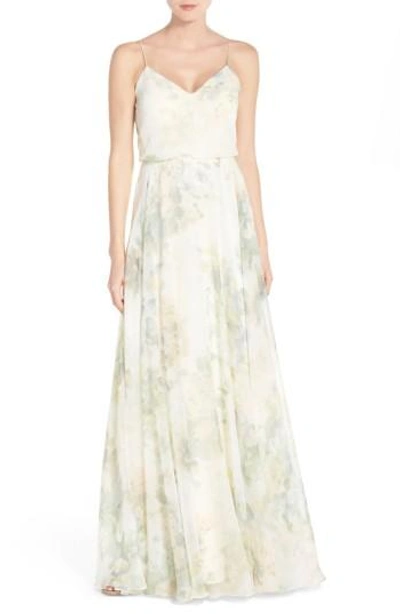 Shop Jenny Yoo Inesse V neck Chiffon Gown In Vintage Floral Ivory Sage Rose