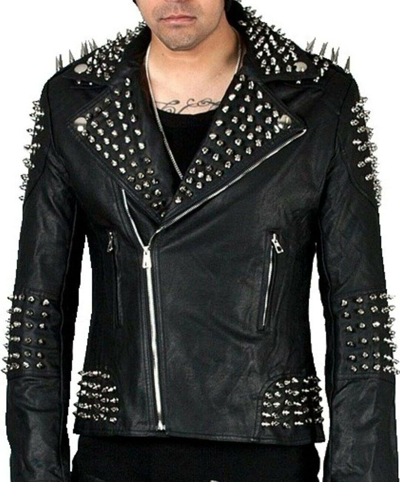 MARKENLOS LEDERJACKE FÜR HERREN ROCKERSTYLE AUS ECHTEM RINDSLEDER MIT NIETENAPPLIKATIONEN