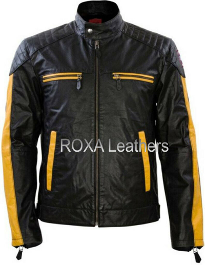 KING LEATHERS HERREN LAMMLEDER PURE LEDERJACKE MOTORRAD STYLISCH SCHWARZ MANTEL GELB STREIFEN