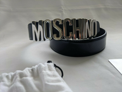 MOSCHINO SS17 MOSCHINO COUTURE JEREMY SCOTT BLACK LEATHER BELT WITH SILVER LETTERING LOGO