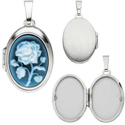 ECHTSCHMUCK MEDAILLON ECHT SILBER 925 KETTENANHÄNGER ROSE BLUMEN DESIGN BLAU 2 FOTOS BILDER