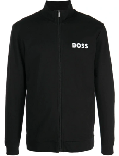 HUGO BOSS HUGO BOSS MEN'S LOUNGEWEAR-EASE ZIP UP TRACK JACKET FRONT LOGO 100% COTTON BLACK