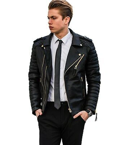 NEW WITH TAGS MEN'S GENUINE LAMBSKIN LEATHER JACKET BLACK SLIM FIT BIKER MOTORCYCLE JACKET