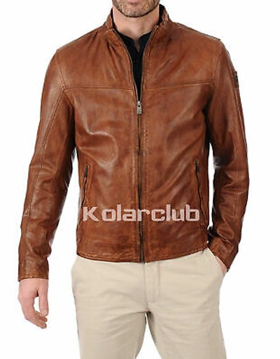 NEW WITH TAGS MEN DISTRESSED LEATHER JACKET BIKER LAMBSKIN WINTER SLIM FIT MEN'S