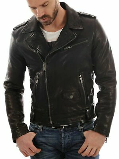 NEW WITH TAGS MEN LEATHER JACKET BLACK SLIM FIT BIKER JACKET