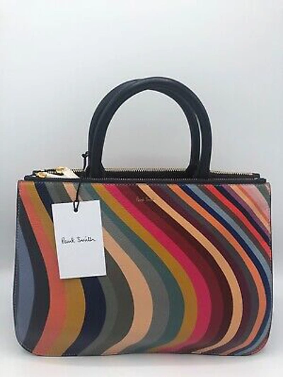 PAUL SMITH PAUL SMITH SWIRL WOMEN'S LEATHER STRIPE 'DOUBLE ZIP' TOTE CROSSBODY HAND BAG