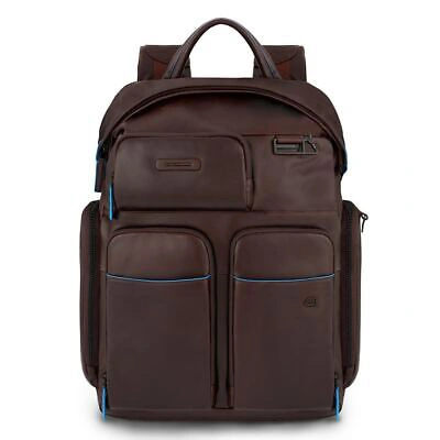 PIQUADRO MEN BUSINESS BACKPACK PIQUADRO BLUE SQUARE REVAMP CA5573B2V BROWN LEATHER LARGE