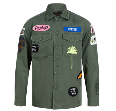 REPLAY REPLAY MENS OVERSHIRT MOTO CROSS JACKET BUTTON CLOSURE IN LIGHT MILITARY GREEN