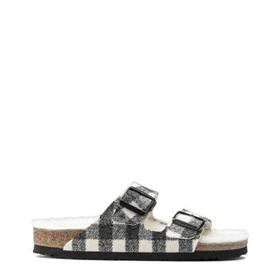 BIRKENSTOCK BIRKENSTOCK WOMENS ARIZONA SHEARLING WOOL NARROW SANDAL PLAID WHITE - SALE