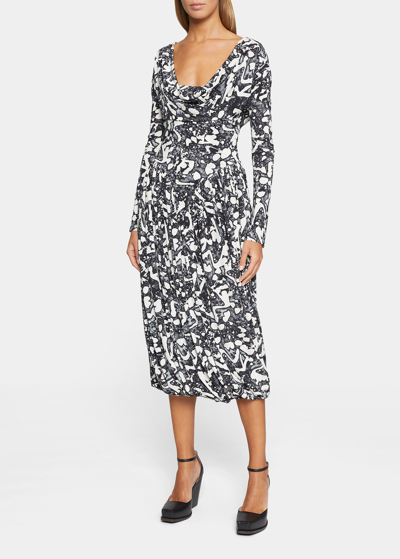 STELLA MCCARTNEY SWAN PRINT DRAPED MIDI DRESS