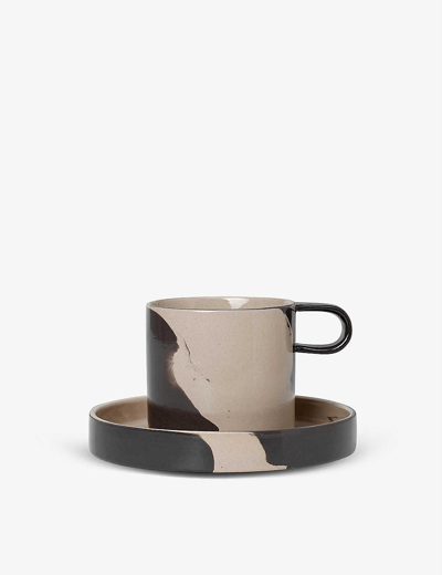FERM LIVING INLAY CONTRAST-PRINT STONEWARE CUP AND SAUCER