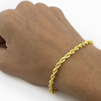 NURAGOLD 10K YELLOW GOLD SOLID 5MM MEN DIAMOND CUT ROPE CHAIN BRACELET 7" 7.5" 8" 8.5" 9"
