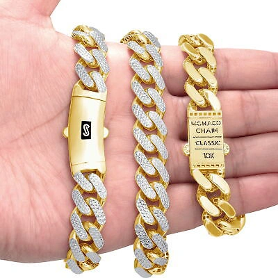 NURAGOLD 10K YELLOW GOLD 13MM MONACO MIAMI CUBAN LINK DIAMOND CUT PAVE CHAIN BRACELET 9"