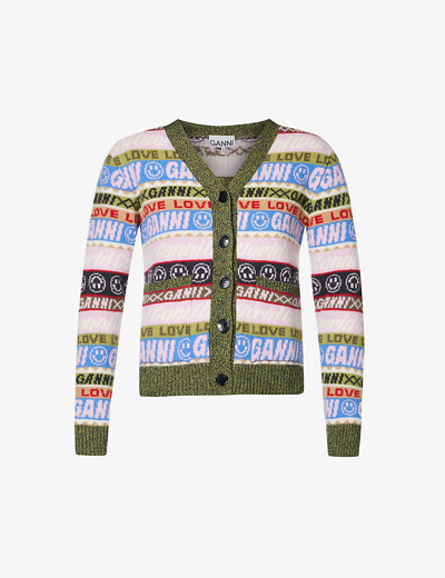 GANNI GRAPHIC-PRINT V-NECK RECYCLED WOOL-BLEND CARDIGAN