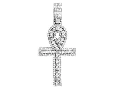 JEWELRY UNLIMITED MEN'S LADIES 10K WHITE GOLD REAL DIAMOND EGYPTIAN ANKH PENDANT 2 1/5 CT 2"