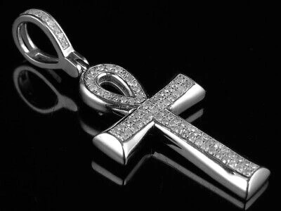 JEWELRY UNLIMITED UNISEX 10K WHITE GOLD MICRO PAVE REAL DIAMOND ANKH CROSS PENDANT CHARM 0.33CT