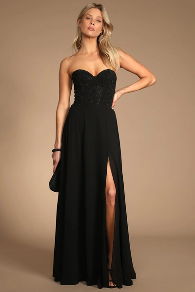 LULUS REMEMBER THIS MOMENT BLACK RHINESTONE STRAPLESS MAXI DRESS