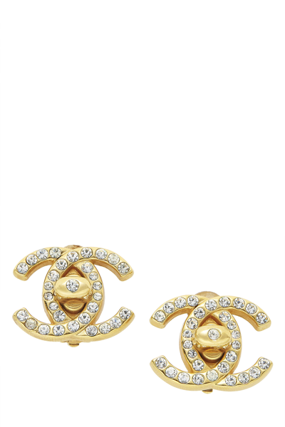 CHANEL GOLD & CRYSTAL 'CC' TURNLOCK EARRINGS MEDIUM