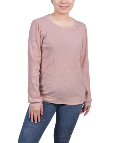 NY COLLECTION PETITE LONG SLEEVE RIBBED IMITATION PEARL TRIMMED TOP